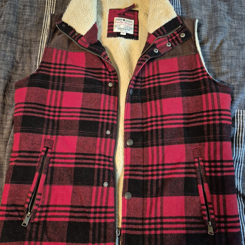 Lucky Brand Huntington "Handcrafted"Red and Black Plaid Vest with Sherpa Lining